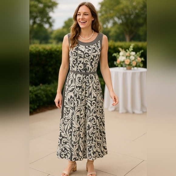 New Events Knit Brunch Sundress Gray White Embroidered Floral Soft Stretch - Picture 1 of 9